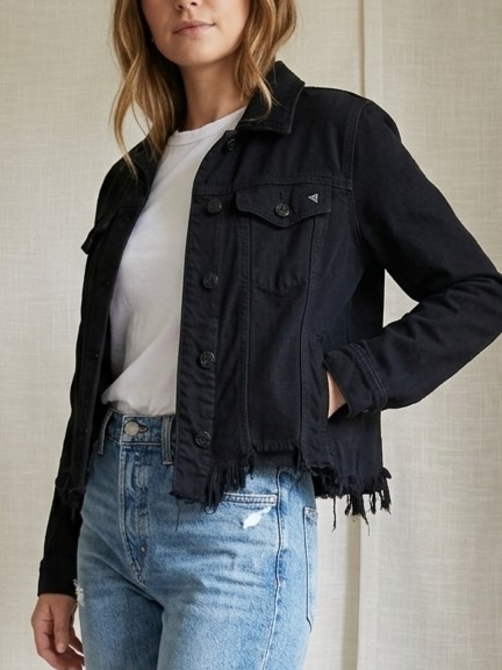 HIDDEN JEANS Black Raw Hem Cropped Denim Jacket Size S Frayed Edge Stretch